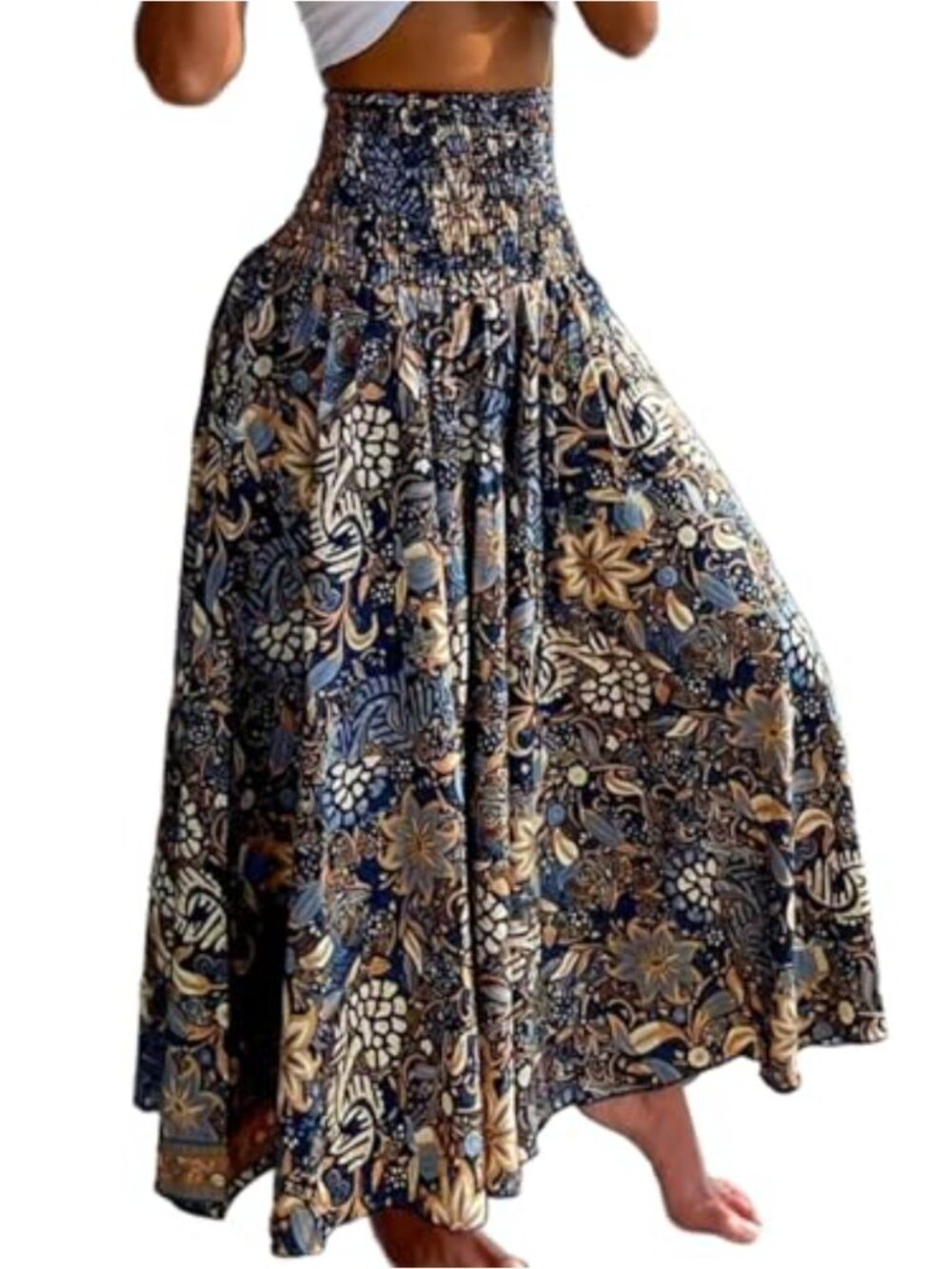 Boho Floral Shirred High Waisted Wide Leg Palazzo Pants Flowy Summer Beach